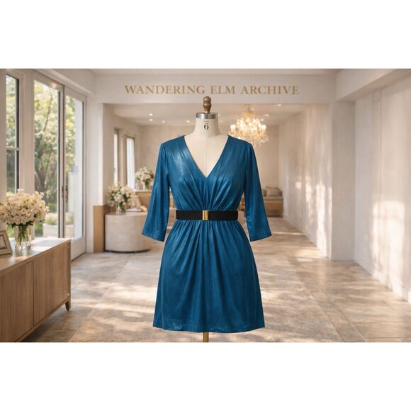 Trina Turk Silk Blend Dress 6 Cobalt Blue Belted V Neck Cocktail Resort USA - Picture 2 of 8